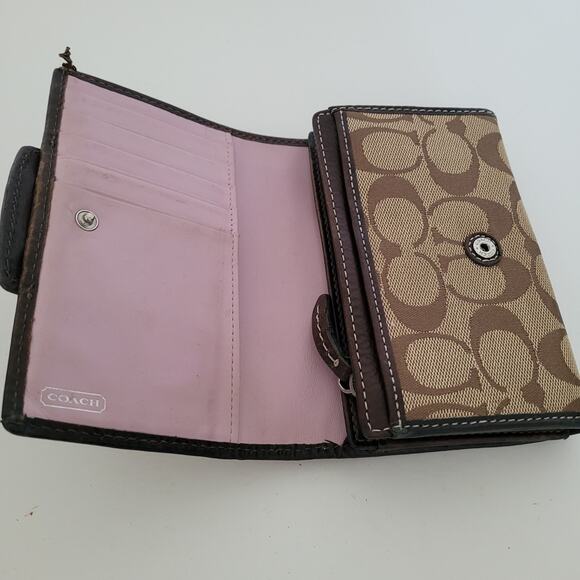 Coach Wallet Canvas Leather Brown Purple Designer Medium Bifold Logo - Picture 3 of 14